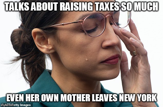 her brain is sweating | TALKS ABOUT RAISING TAXES SO MUCH; EVEN HER OWN MOTHER LEAVES NEW YORK | image tagged in her brain is sweating | made w/ Imgflip meme maker