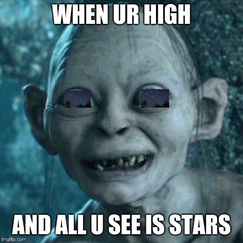 Gollum | WHEN UR HIGH; AND ALL U SEE IS STARS | image tagged in memes,gollum | made w/ Imgflip meme maker