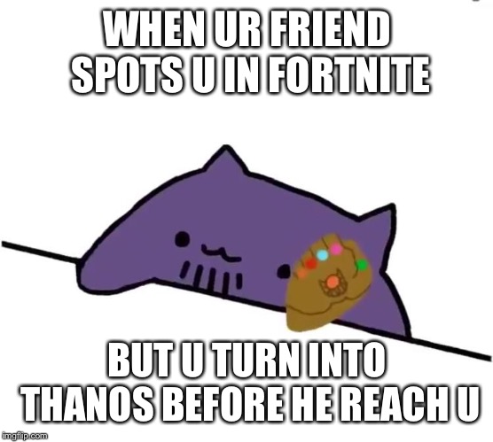 thanos cat | WHEN UR FRIEND SPOTS U IN FORTNITE; BUT U TURN INTO THANOS BEFORE HE REACH U | image tagged in thanos cat | made w/ Imgflip meme maker