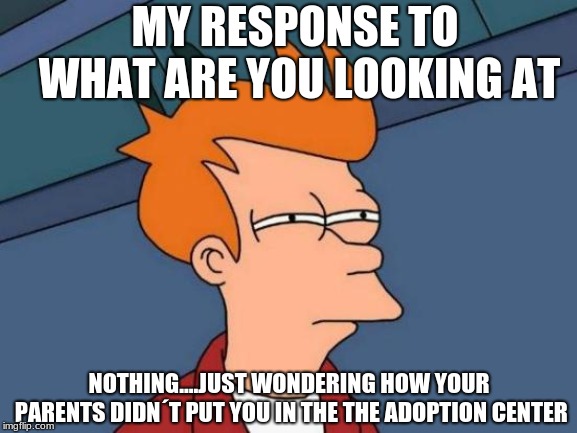 Futurama Fry Meme | MY RESPONSE TO WHAT ARE YOU LOOKING
AT; NOTHING....JUST WONDERING HOW YOUR PARENTS DIDN´T PUT YOU IN THE THE ADOPTION CENTER | image tagged in memes,futurama fry | made w/ Imgflip meme maker