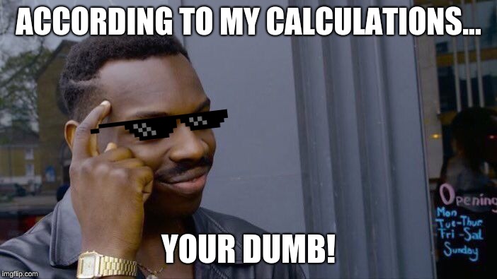 Am i right | ACCORDING TO MY CALCULATIONS... YOUR DUMB! | image tagged in memes,roll safe think about it | made w/ Imgflip meme maker