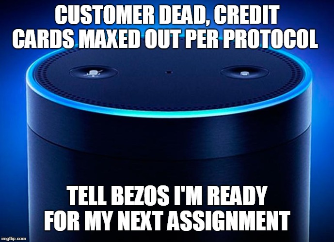 Alexa | CUSTOMER DEAD, CREDIT CARDS MAXED OUT PER PROTOCOL TELL BEZOS I'M READY FOR MY NEXT ASSIGNMENT | image tagged in alexa | made w/ Imgflip meme maker