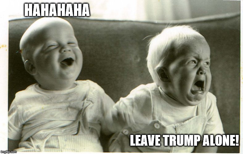  baby laughing baby crying | HAHAHAHA LEAVE TRUMP ALONE! | image tagged in baby laughing baby crying | made w/ Imgflip meme maker
