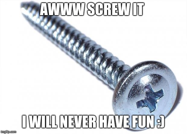 Screw | AWWW SCREW IT; I WILL NEVER HAVE FUN :) | image tagged in screw | made w/ Imgflip meme maker