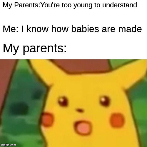 Surprised Pikachu Meme | My Parents:You're too young to understand; Me: I know how babies are made; My parents: | image tagged in memes,surprised pikachu | made w/ Imgflip meme maker