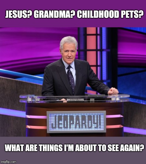 Alex Trebek Jeopardy | JESUS? GRANDMA? CHILDHOOD PETS? WHAT ARE THINGS I'M ABOUT TO SEE AGAIN? | image tagged in alex trebek jeopardy | made w/ Imgflip meme maker