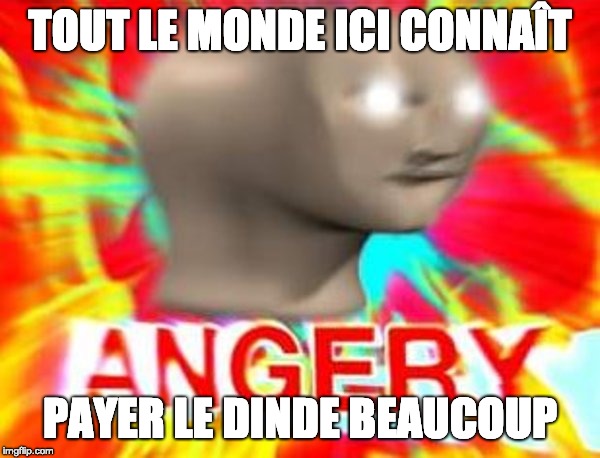 Surreal Angery | TOUT LE MONDE ICI CONNAÎT; PAYER LE DINDE BEAUCOUP | image tagged in surreal angery | made w/ Imgflip meme maker
