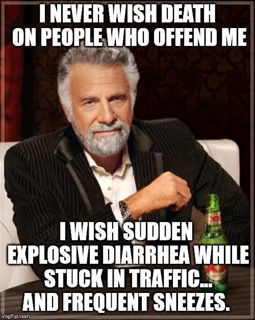 That's just how I roll. | I NEVER WISH DEATH ON PEOPLE WHO OFFEND ME; I WISH SUDDEN EXPLOSIVE DIARRHEA WHILE STUCK IN TRAFFIC... AND FREQUENT SNEEZES. | image tagged in memes,the most interesting man in the world | made w/ Imgflip meme maker