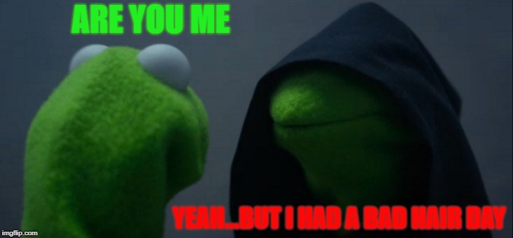 Evil Kermit | ARE YOU ME; YEAH...BUT I HAD A BAD HAIR DAY | image tagged in memes,evil kermit | made w/ Imgflip meme maker