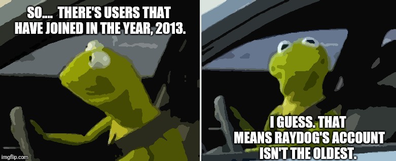 Huh....  Well watcha know.  | SO....  THERE'S USERS THAT HAVE JOINED IN THE YEAR, 2013. I GUESS. THAT MEANS RAYDOG'S ACCOUNT ISN'T THE OLDEST. | image tagged in kermit driver,imgflip users | made w/ Imgflip meme maker