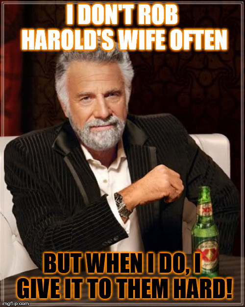 The Most Interesting Man In The World Meme | I DON'T ROB HAROLD'S WIFE OFTEN BUT WHEN I DO, I GIVE IT TO THEM HARD! | image tagged in memes,the most interesting man in the world | made w/ Imgflip meme maker