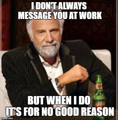 I DON'T ALWAYS MESSAGE YOU AT WORK; BUT WHEN I DO IT'S FOR NO GOOD REASON | image tagged in the most interesting man in the world,i dont always,relatable | made w/ Imgflip meme maker