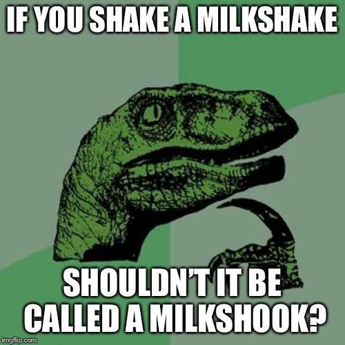 Philosoraptor Meme | IF YOU SHAKE A MILKSHAKE; SHOULDN’T IT BE CALLED A MILKSHOOK? | image tagged in memes,philosoraptor | made w/ Imgflip meme maker
