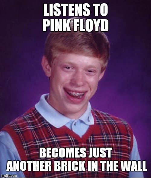 Bad Luck Brian Meme | LISTENS TO PINK FLOYD BECOMES JUST ANOTHER BRICK IN THE WALL | image tagged in memes,bad luck brian | made w/ Imgflip meme maker