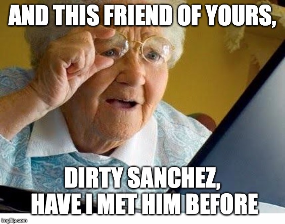 National "Clear Your Browser History" day | AND THIS FRIEND OF YOURS, DIRTY SANCHEZ, HAVE I MET HIM BEFORE | image tagged in old lady at computer | made w/ Imgflip meme maker