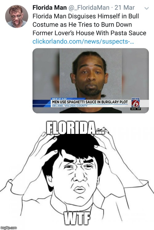 Florida man :) | FLORIDA... WTF | image tagged in florida man,pasta sauce,jackie chan wtf | made w/ Imgflip meme maker