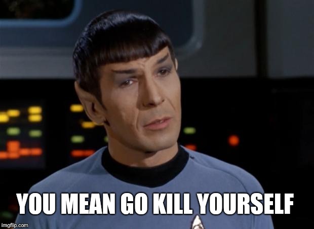 Spock Illogical | YOU MEAN GO KILL YOURSELF | image tagged in spock illogical | made w/ Imgflip meme maker