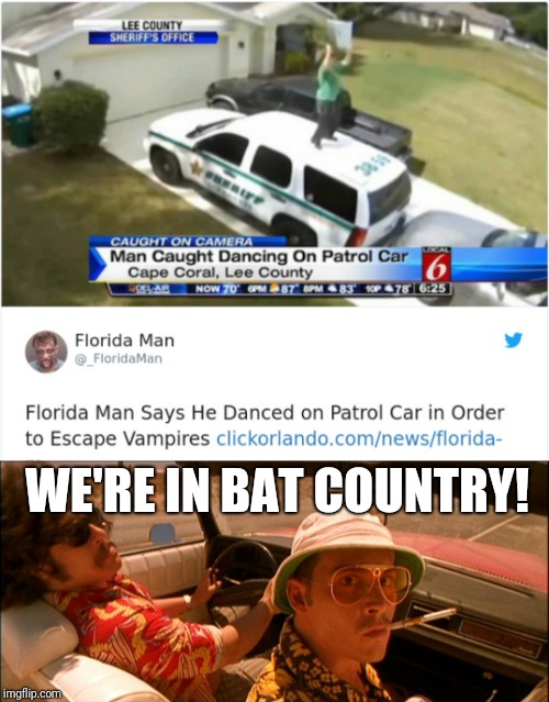 "Fear and Loathing in Florida!" Florida Man Week (March 3-10, a Claybourne and Triumph_9 event) | WE'RE IN BAT COUNTRY! | image tagged in fear and loathing,florida,florida man,florida man week,funny,memes | made w/ Imgflip meme maker