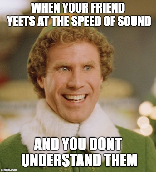 Buddy The Elf Meme | WHEN YOUR FRIEND YEETS AT THE SPEED OF SOUND; AND YOU DONT UNDERSTAND THEM | image tagged in memes,buddy the elf | made w/ Imgflip meme maker