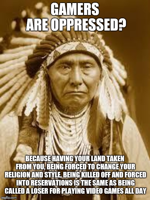 Wise words | GAMERS ARE OPPRESSED? BECAUSE HAVING YOUR LAND TAKEN FROM YOU, BEING FORCED TO CHANGE YOUR RELIGION AND STYLE, BEING KILLED OFF AND FORCED INTO RESERVATIONS IS THE SAME AS BEING CALLED A LOSER FOR PLAYING VIDEO GAMES ALL DAY | image tagged in native american,memes,gamers rise up,gamers,gamers are oppressed | made w/ Imgflip meme maker