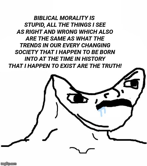 Angry Brainlet  | BIBLICAL MORALITY IS STUPID, ALL THE THINGS I SEE AS RIGHT AND WRONG WHICH ALSO ARE THE SAME AS WHAT THE TRENDS IN OUR EVERY CHANGING SOCIETY THAT I HAPPEN TO BE BORN INTO AT THE TIME IN HISTORY THAT I HAPPEN TO EXIST ARE THE TRUTH! | image tagged in angry brainlet,atheism,atheists,philosophy,christianity | made w/ Imgflip meme maker