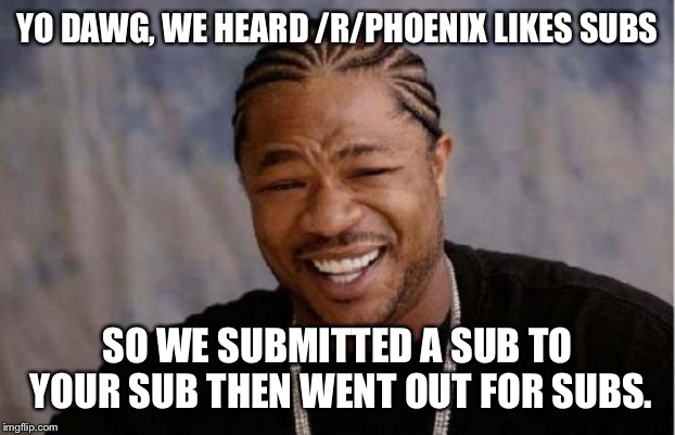 Yo Dawg Heard You Meme | YO DAWG, WE HEARD /R/PHOENIX LIKES SUBS; SO WE SUBMITTED A SUB TO YOUR SUB THEN WENT OUT FOR SUBS. | image tagged in memes,yo dawg heard you | made w/ Imgflip meme maker