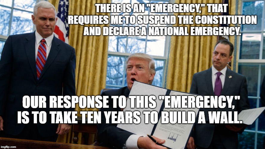 trump executive orders | THERE IS AN "EMERGENCY," THAT REQUIRES ME TO SUSPEND THE CONSTITUTION AND DECLARE A NATIONAL EMERGENCY. OUR RESPONSE TO THIS "EMERGENCY," IS TO TAKE TEN YEARS TO BUILD A WALL. | image tagged in trump executive orders | made w/ Imgflip meme maker