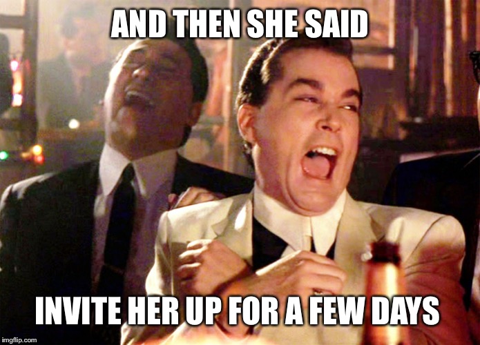 Good Fellas Hilarious Meme | AND THEN SHE SAID; INVITE HER UP FOR A FEW DAYS | image tagged in memes,good fellas hilarious | made w/ Imgflip meme maker