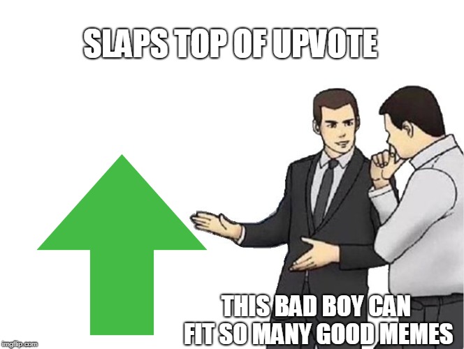 Car Salesman Slaps Hood | SLAPS TOP OF UPVOTE; THIS BAD BOY CAN FIT SO MANY GOOD MEMES | image tagged in memes,car salesman slaps hood | made w/ Imgflip meme maker