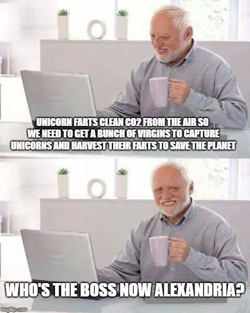 The boss of stupid is still stupid | UNICORN FARTS CLEAN CO2 FROM THE AIR SO WE NEED TO GET A BUNCH OF VIRGINS TO CAPTURE UNICORNS AND HARVEST THEIR FARTS TO SAVE THE PLANET; WHO'S THE BOSS NOW ALEXANDRIA? | image tagged in memes,hide the pain harold,aoc,i'm the boss,libtard | made w/ Imgflip meme maker