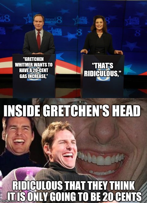 “THAT’S RIDICULOUS,”; “GRETCHEN WHITMER WANTS TO HAVE A 20-CENT GAS INCREASE,”; INSIDE GRETCHEN'S HEAD; RIDICULOUS THAT THEY THINK IT IS ONLY GOING TO BE 20 CENTS | image tagged in tom cruise laugh,politics lol,gas tax,michigan | made w/ Imgflip meme maker