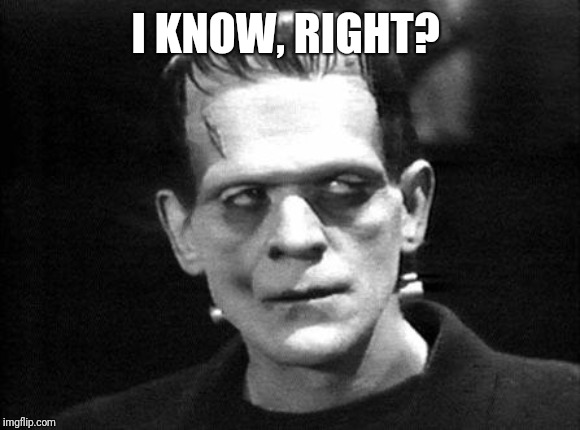 frankenstein | I KNOW, RIGHT? | image tagged in frankenstein | made w/ Imgflip meme maker
