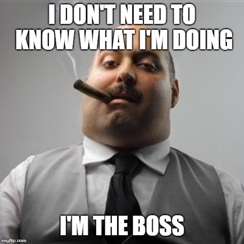 Bad boss | I DON'T NEED TO KNOW WHAT I'M DOING; I'M THE BOSS | image tagged in bad boss | made w/ Imgflip meme maker