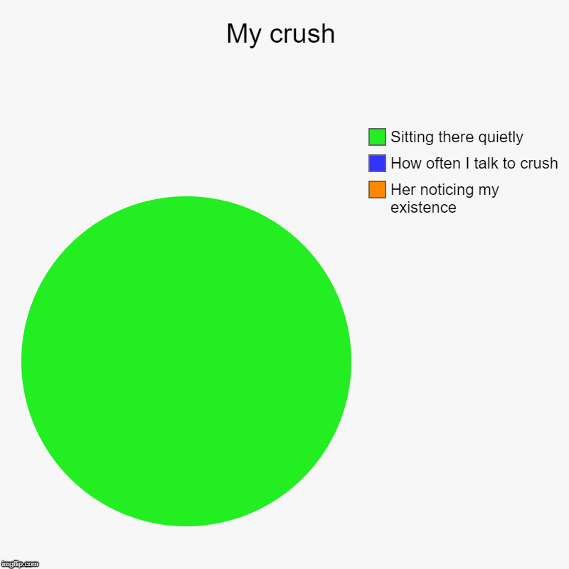 My crush | Her noticing my existence , How often I talk to crush, Sitting there quietly | image tagged in charts,pie charts | made w/ Imgflip chart maker