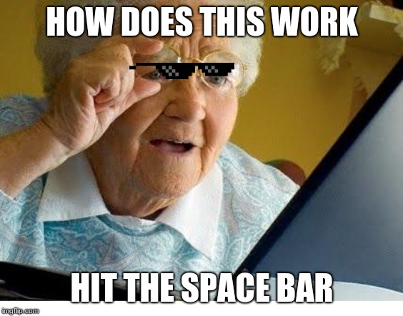 old lady at computer | HOW DOES THIS WORK; HIT THE SPACE BAR | image tagged in old lady at computer | made w/ Imgflip meme maker