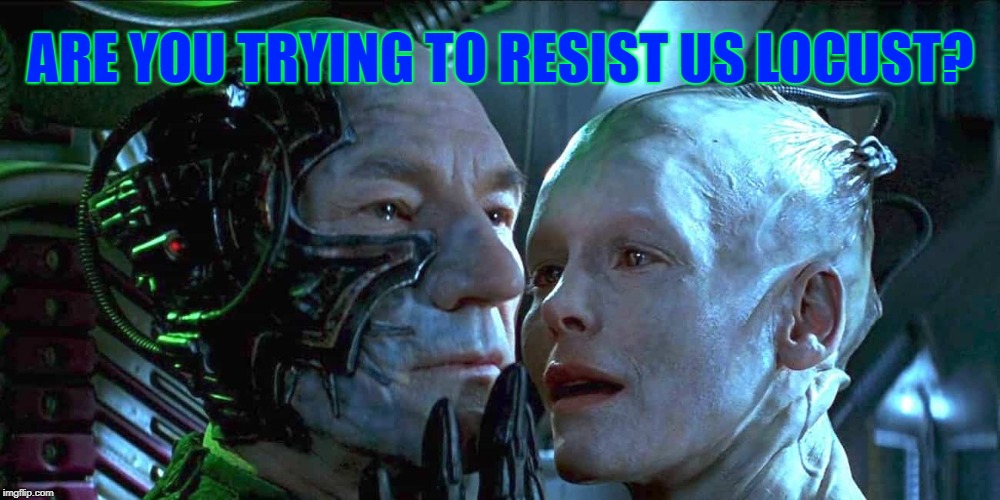 Locutus n borgie | ARE YOU TRYING TO RESIST US LOCUST? | image tagged in locutus n borgie | made w/ Imgflip meme maker