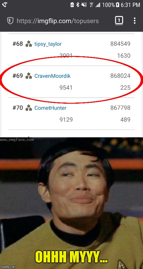 This achievement belongs to every one | OHHH MYYY... | image tagged in sulu,top users,69,thank you,oh my,cravenmoordik | made w/ Imgflip meme maker