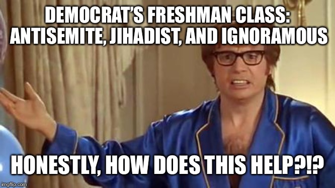 Austin Powers Honestly | DEMOCRAT’S FRESHMAN CLASS: ANTISEMITE, JIHADIST, AND IGNORAMOUS; HONESTLY, HOW DOES THIS HELP?!? | image tagged in memes,austin powers honestly | made w/ Imgflip meme maker