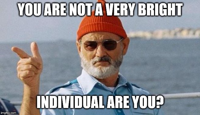 Bill Murray wishes you a happy birthday | YOU ARE NOT A VERY BRIGHT INDIVIDUAL ARE YOU? | image tagged in bill murray wishes you a happy birthday | made w/ Imgflip meme maker