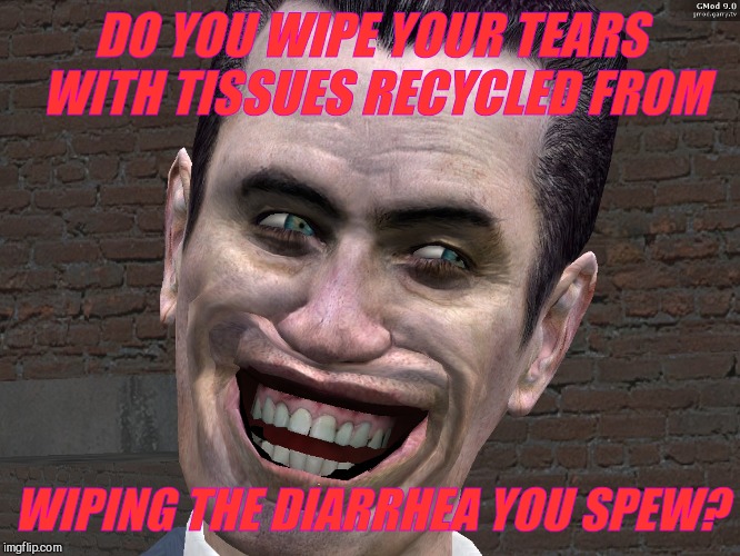 . | DO YOU WIPE YOUR TEARS WITH TISSUES RECYCLED FROM WIPING THE DIARRHEA YOU SPEW? | image tagged in g-man from half-life | made w/ Imgflip meme maker
