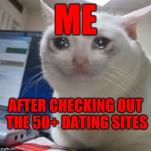 Sad cat tears | ME; AFTER CHECKING OUT THE 50+ DATING SITES | image tagged in sad cat tears | made w/ Imgflip meme maker
