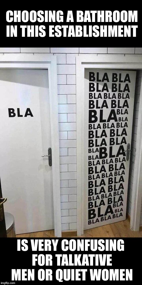 CHOOSING A BATHROOM IN THIS ESTABLISHMENT; IS VERY CONFUSING FOR TALKATIVE MEN OR QUIET WOMEN | image tagged in bathroom door | made w/ Imgflip meme maker