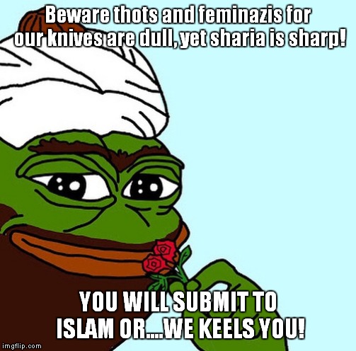 Beware thots and feminazis for our knives are dull, yet sharia is sharp! YOU WILL SUBMIT TO ISLAM OR....WE KEELS YOU! | image tagged in pepe | made w/ Imgflip meme maker