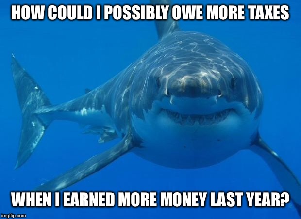 Straight White Shark | HOW COULD I POSSIBLY OWE MORE TAXES WHEN I EARNED MORE MONEY LAST YEAR? | image tagged in straight white shark | made w/ Imgflip meme maker