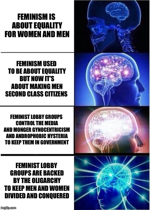 Expanding Brain Meme | FEMINISM IS ABOUT EQUALITY FOR WOMEN AND MEN; FEMINISM USED TO BE ABOUT EQUALITY BUT NOW IT’S ABOUT MAKING MEN SECOND CLASS CITIZENS; FEMINIST LOBBY GROUPS CONTROL THE MEDIA AND MONGER GYNOCENTRICISM AND ANDROPHOBIC HYSTERIA TO KEEP THEM IN GOVERNMENT; FEMINIST LOBBY GROUPS ARE BACKED BY THE OLIGARCHY TO KEEP MEN AND WOMEN DIVIDED AND CONQUERED | image tagged in memes,expanding brain | made w/ Imgflip meme maker