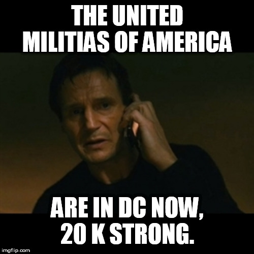 Liam Neeson Taken | THE UNITED MILITIAS OF AMERICA; ARE IN DC NOW, 20 K STRONG. | image tagged in memes,liam neeson taken | made w/ Imgflip meme maker