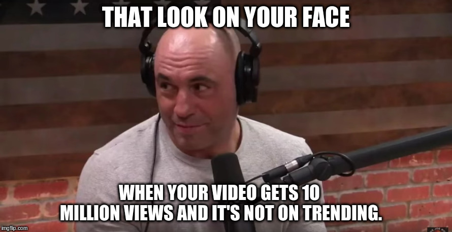 JRE Podcast #1255 - Alex Jones Returns! | THAT LOOK ON YOUR FACE; WHEN YOUR VIDEO GETS 1O MILLION VIEWS AND IT'S NOT ON TRENDING. | image tagged in joe rogan,alex jones,youtube,trending,funny meme | made w/ Imgflip meme maker