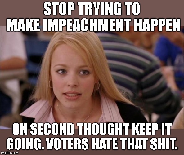 It's not gonna happen | STOP TRYING TO MAKE IMPEACHMENT HAPPEN ON SECOND THOUGHT KEEP IT GOING. VOTERS HATE THAT SHIT. | image tagged in it's not gonna happen | made w/ Imgflip meme maker