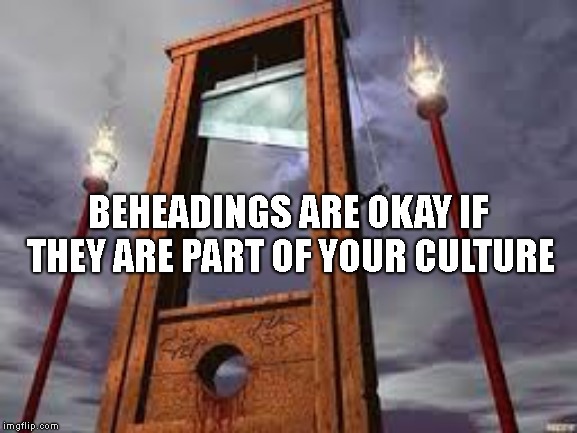 guillotine | BEHEADINGS ARE OKAY IF THEY ARE PART OF YOUR CULTURE | image tagged in guillotine | made w/ Imgflip meme maker