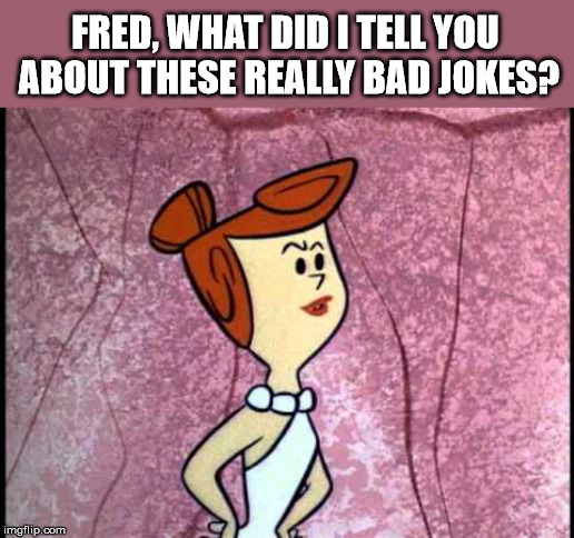 Wilma  | FRED, WHAT DID I TELL YOU ABOUT THESE REALLY BAD JOKES? | image tagged in wilma | made w/ Imgflip meme maker